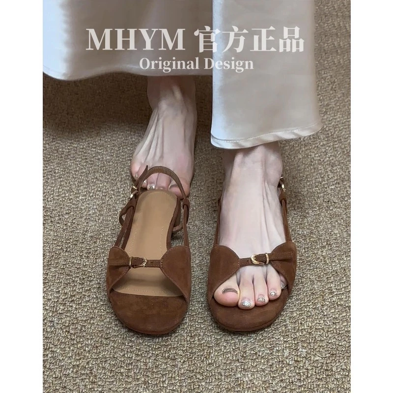 MH官方真皮2025新款法式复古平底凉鞋女夏季外穿气质罗马鞋凉拖