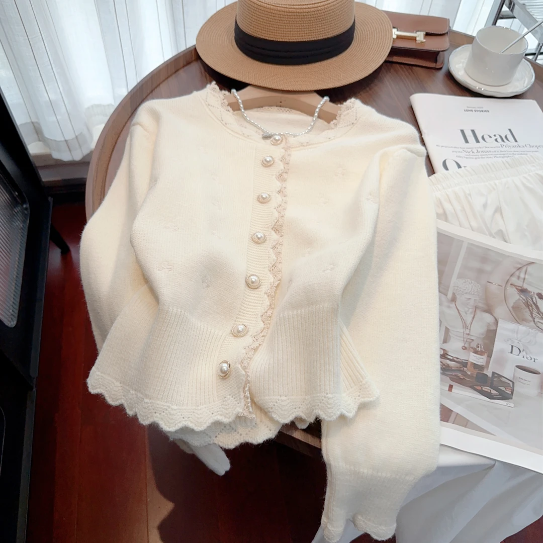 甜美韩系蕾丝毛衣外套女2024新款秋冬款宽松洋气针织开衫上衣
