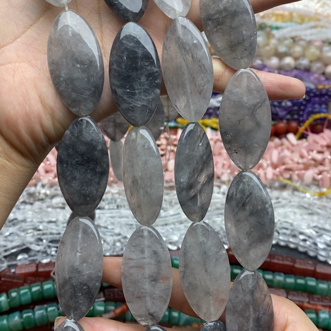 未镶嵌玛瑙/玉髓珠宝半成品一条天然云雾灰水晶20X40mmB110