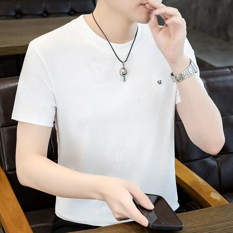 冰丝短袖t恤男款暗纹提花休闲凉感透气半截袖男夏天白色体恤T时尚