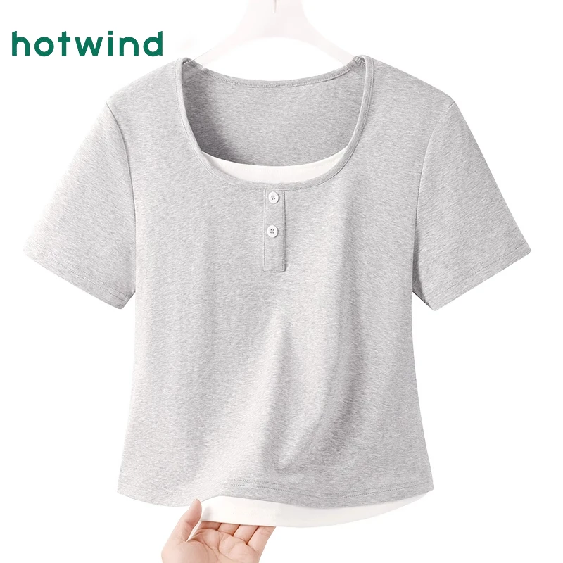 Hotwind/热风花灰色短袖t恤女2025新款夏季高级感假两件内搭上衣