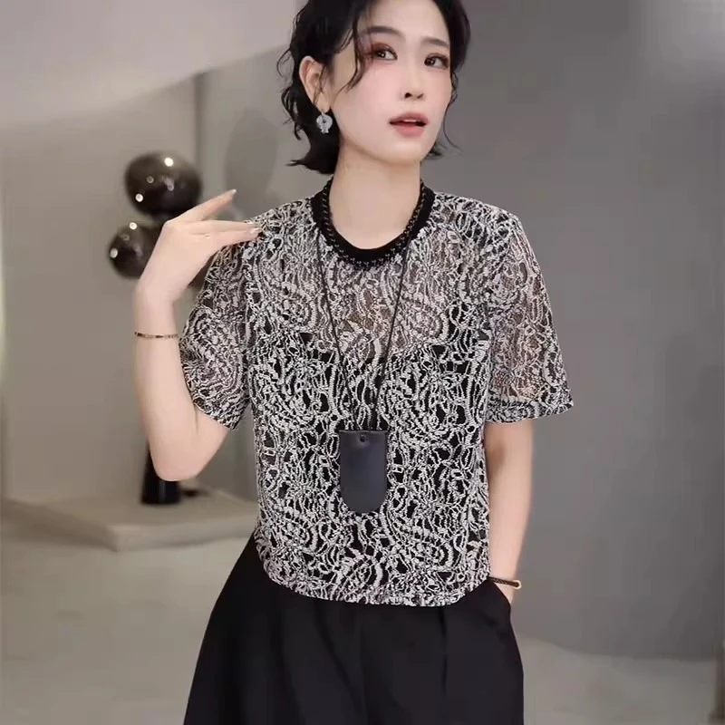 短袖圆领杂志风拼接耐磨镂空T恤蕾丝时尚宽松短款套装提花短袖女