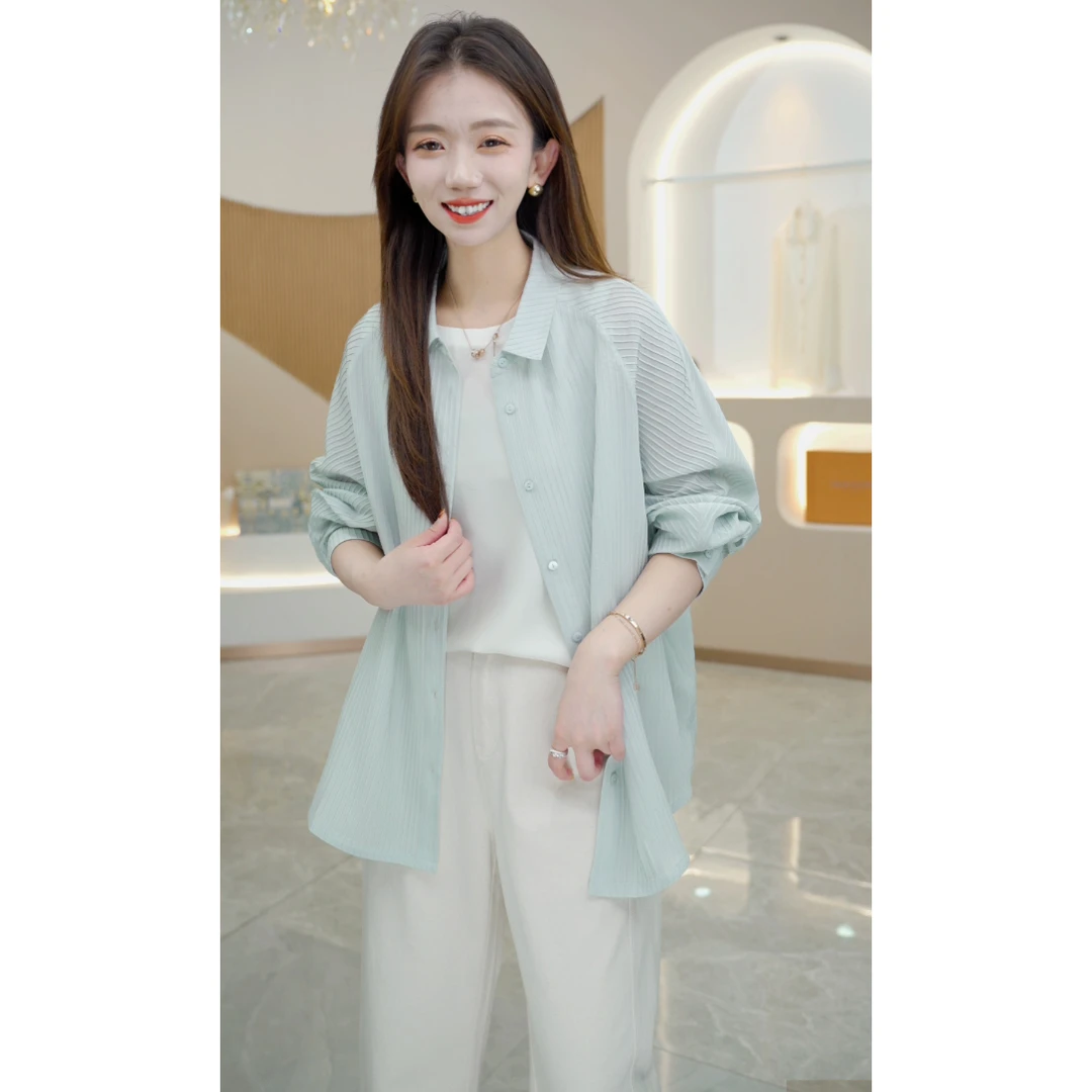 R H 【冰薄荷】新款POLO领设计感小众休闲时尚洋气双绉衬衫H921346