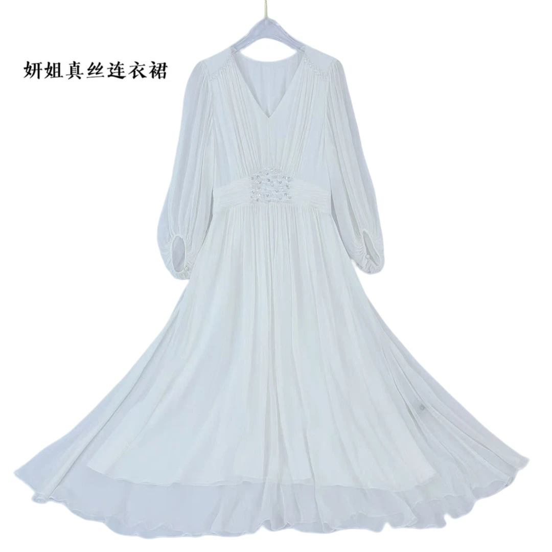 妍姐桑蚕丝2025夏季蕾丝气质百搭轻奢女装长裙优雅时尚白色 25241
