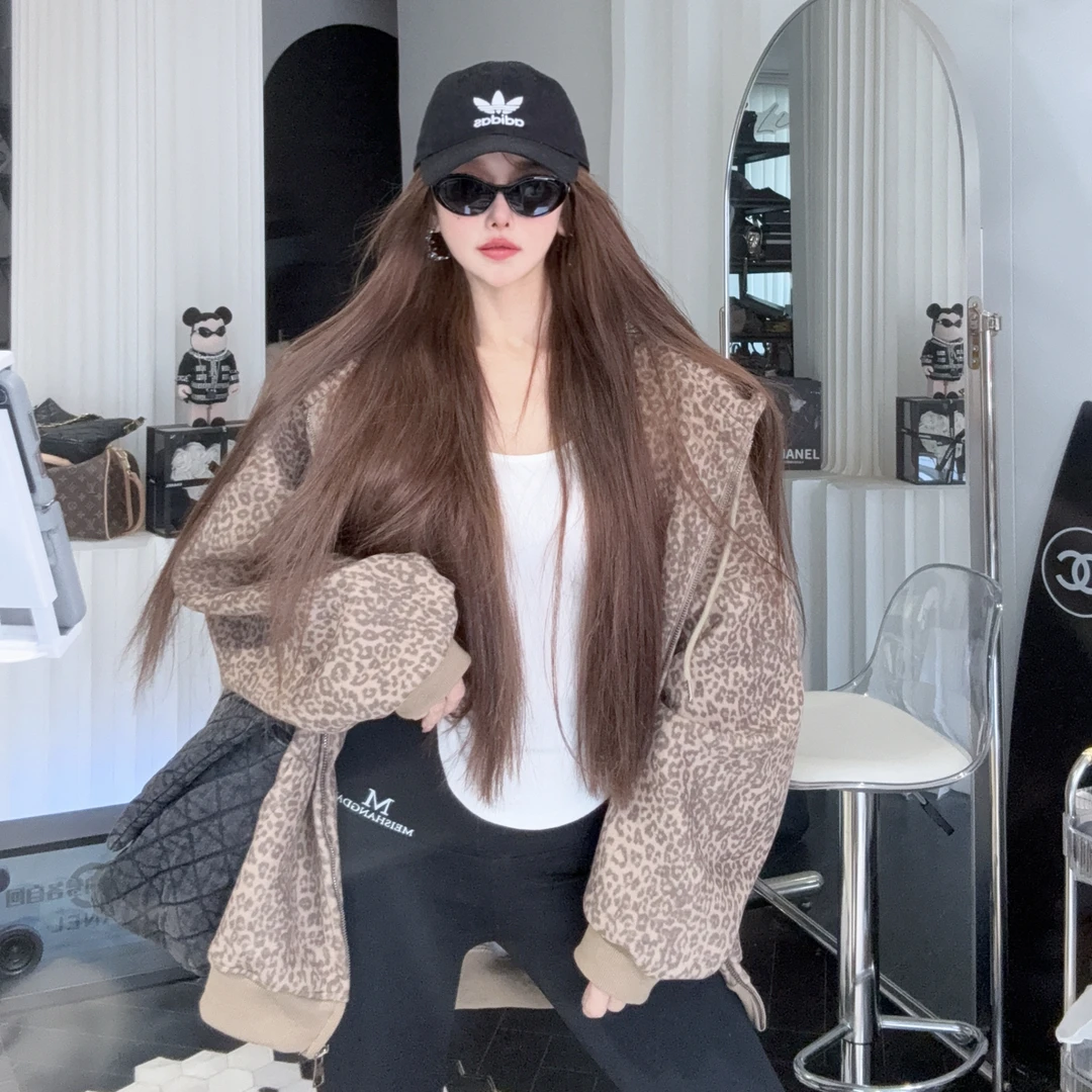 TITI.168豹纹拉链开衫厚外套女宽松大版中长款洋气上衣