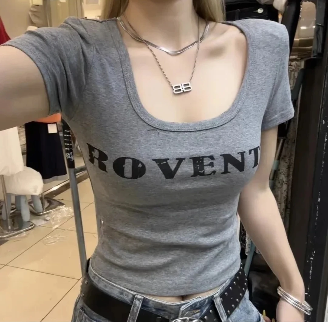 韩版2025夏季新款纯欲U领字母印花短款短袖T恤女修身显瘦上衣