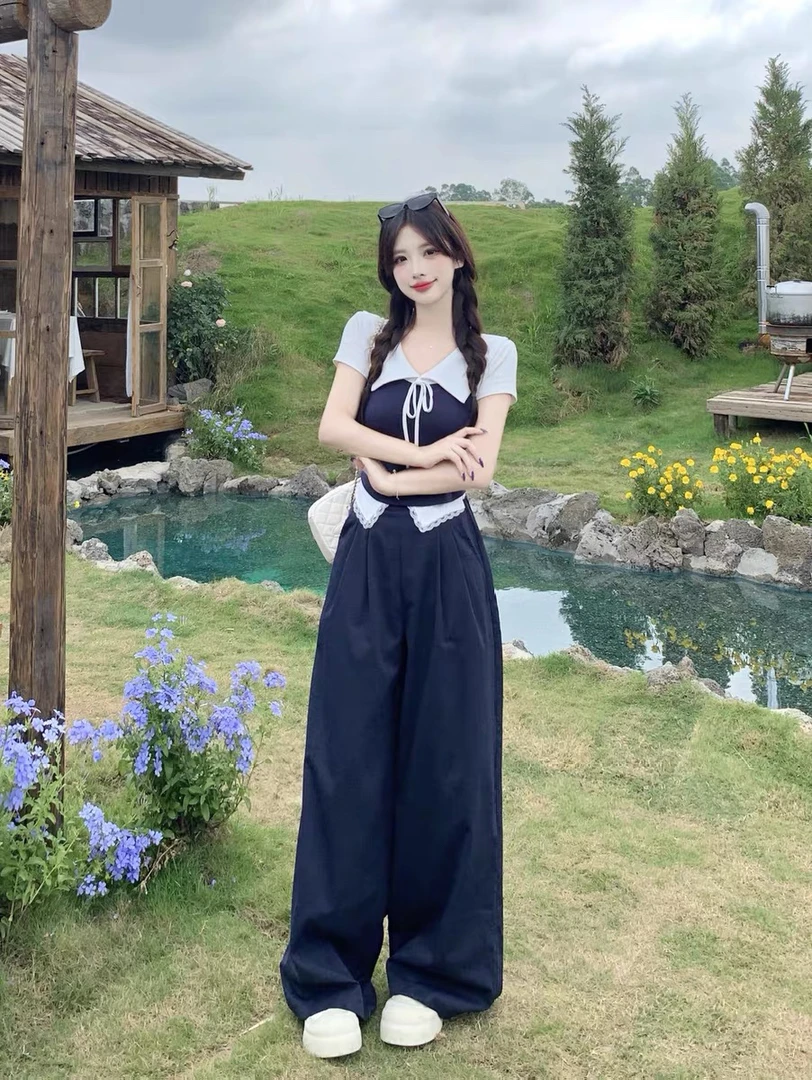 【莹莹推荐】夏季宽松休闲女装藏蓝拼接T恤与阔腿长裤套装