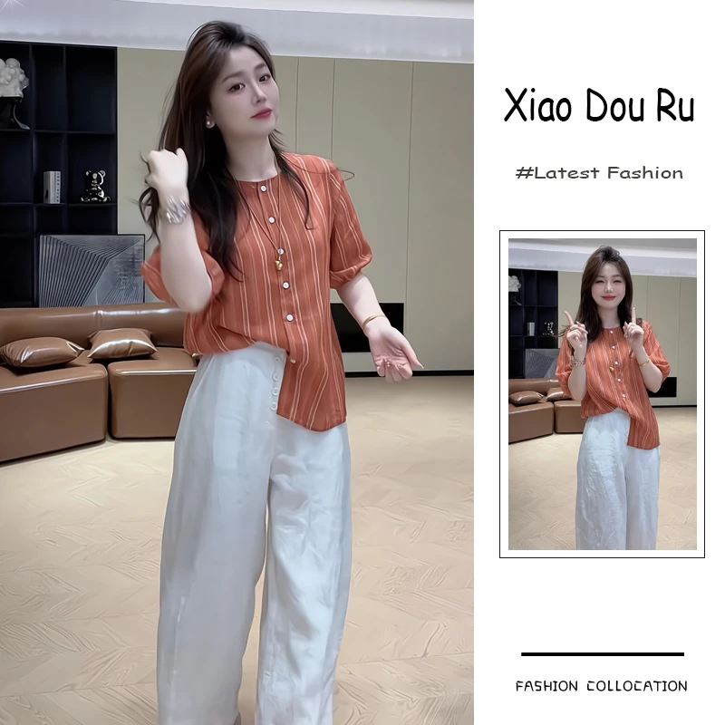 夏季流行穿搭一整套新款2025韩系减龄轻熟风条纹衬衫阔腿裤两件套