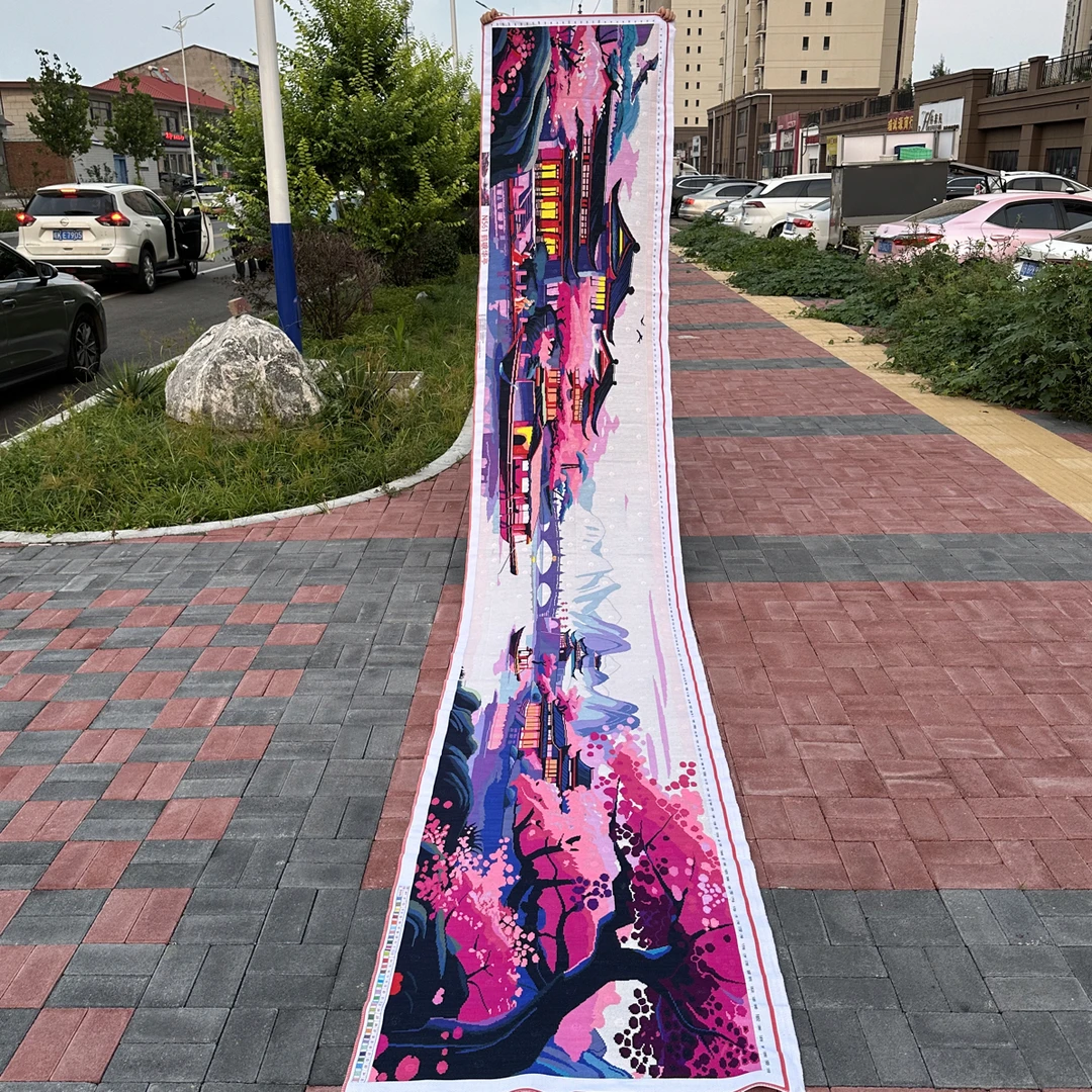 5.3米纯手工十字绣成品鹤唳华亭大气国画山水客厅珍藏530×90厘米