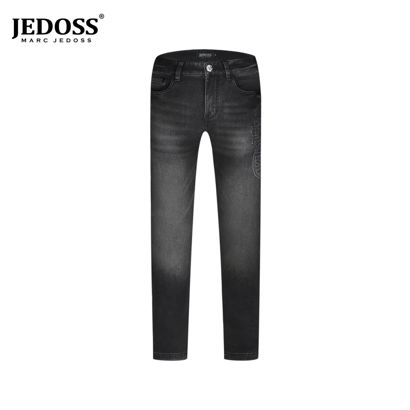 JEDOSS/爵迪斯2026春上新裤子男LOGO压凸水印直筒黑色牛仔裤186B
