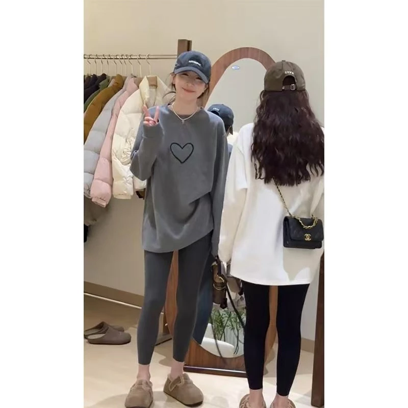 韩系爱心印花磨毛长袖T恤女2025春秋新款小个子宽松德绒打底上衣