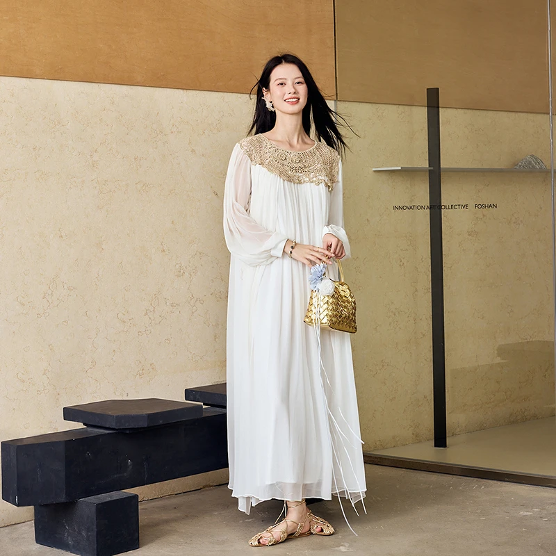 生活在左桑蚕丝连衣裙手钩花气质复古秋冬新品花仙子长裙1933254