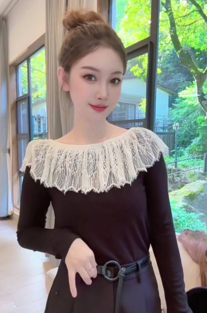 早秋氛围感针织衫女蕾丝拼接一字领修身叠穿上衣DZ98608