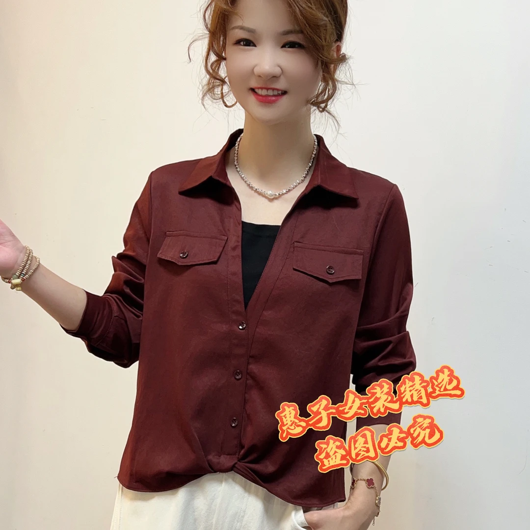 秋季衬衫女气质翻领法式捏褶洋气上衣女款假两件减龄显瘦短款衬衣