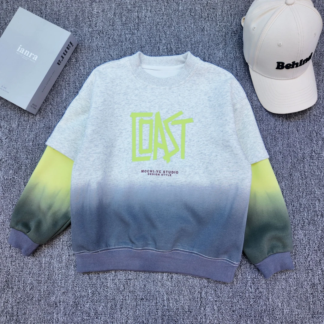 【小哥童装】男童灰绿拼接字母上衣秋款假两件潮流百搭渐变T恤9225