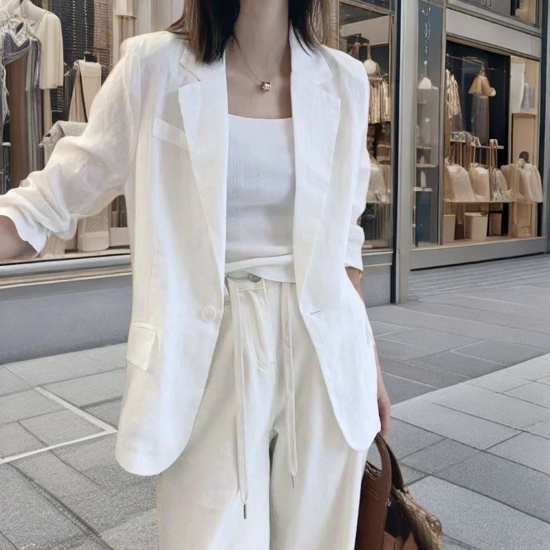 出口韩国外贸单薄款亚麻西装外套春夏七分袖棉麻显瘦气质休闲西服