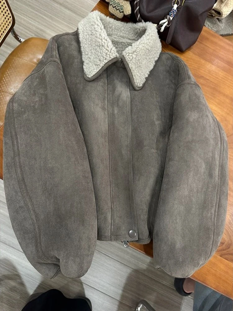 秋季新款加绒设计感保暖时髦复古洋气驼色翻领外套宽松休闲上衣女