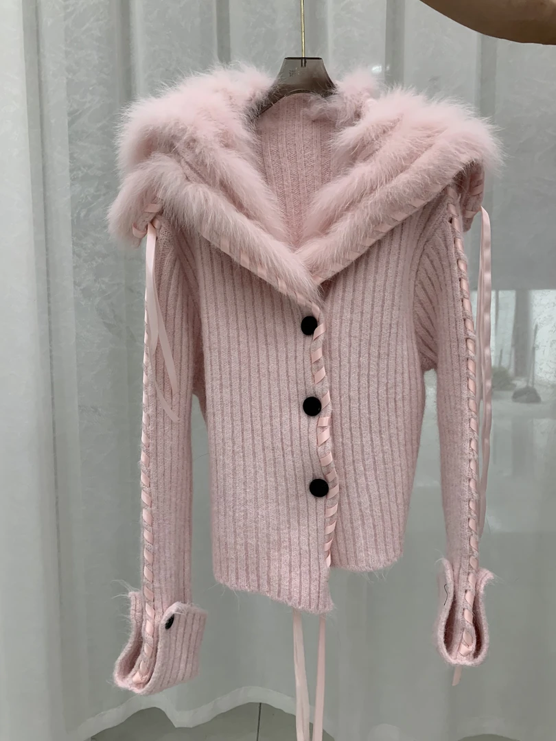 2025新款狐狸毛开衫海军领毛衣时尚皮草外套女