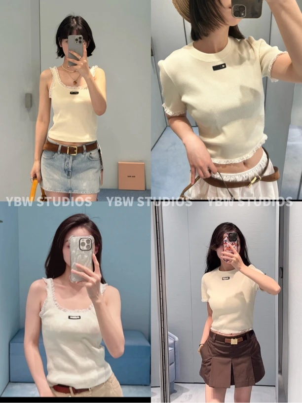 【YBW】清纯小白花*螺纹针织棉蕾丝边背心/短袖t恤
