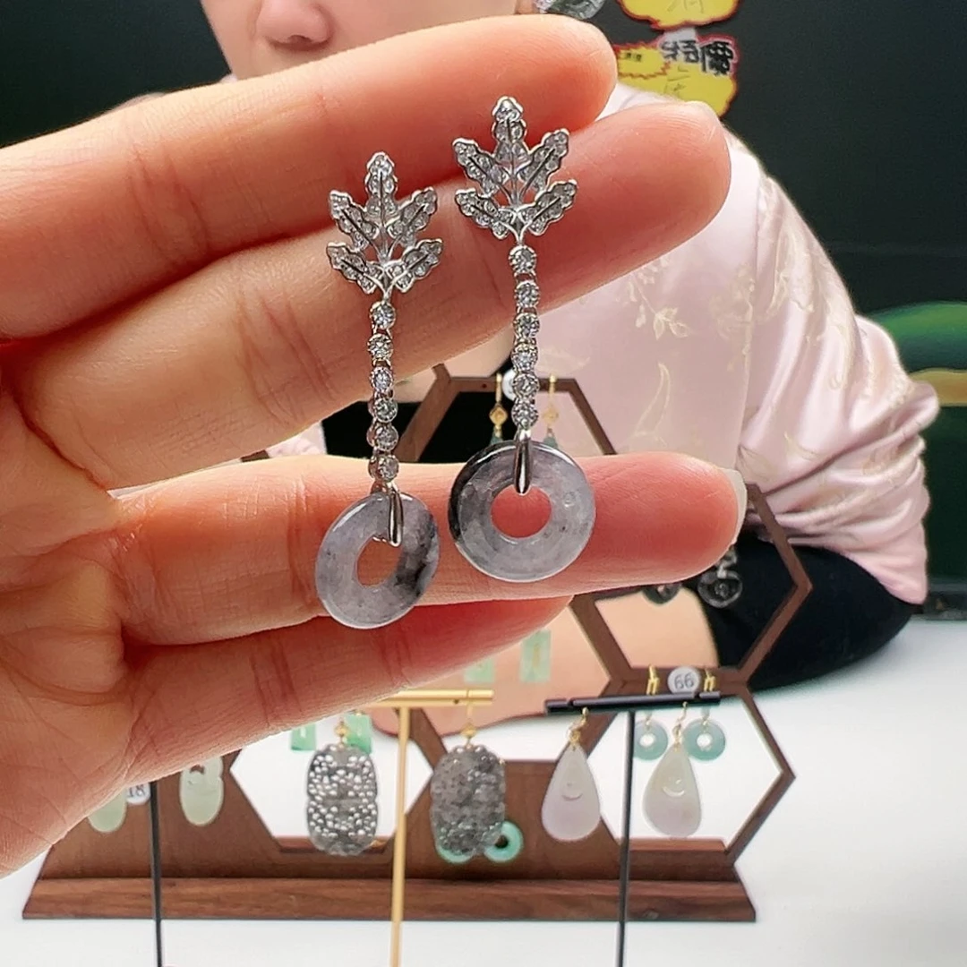 翡翠耳饰银S925镶嵌天然翡翠耳饰银s925镶嵌