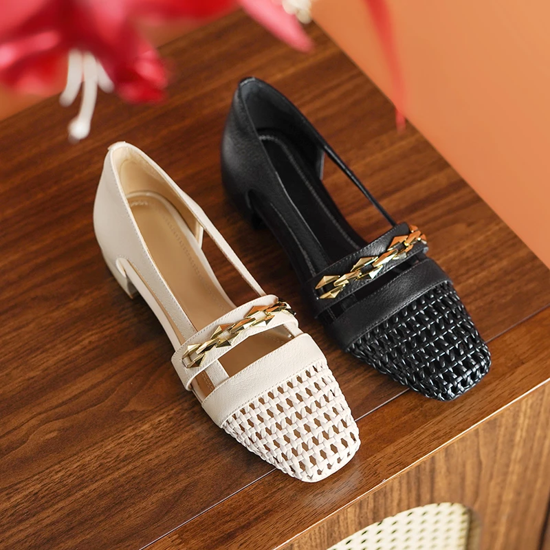 3cm/夏季透气编织单鞋女法式优雅镂空舒适中跟方头粗跟女鞋子4041