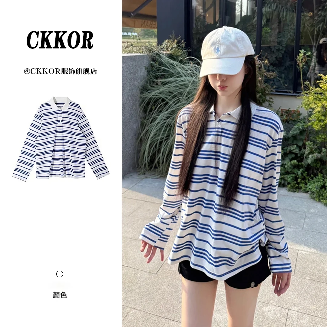 CKKOR韩版学院风正肩POLO领长袖t恤女蓝白条纹设计感宽松百搭上衣
