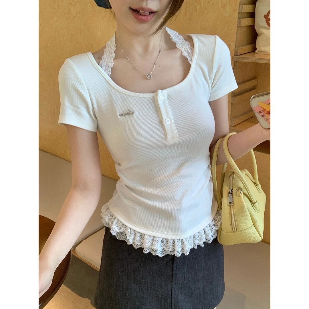 蕾丝花边拼接假两件灰色短袖T恤女夏季新款挂脖系带设计感小上衣
