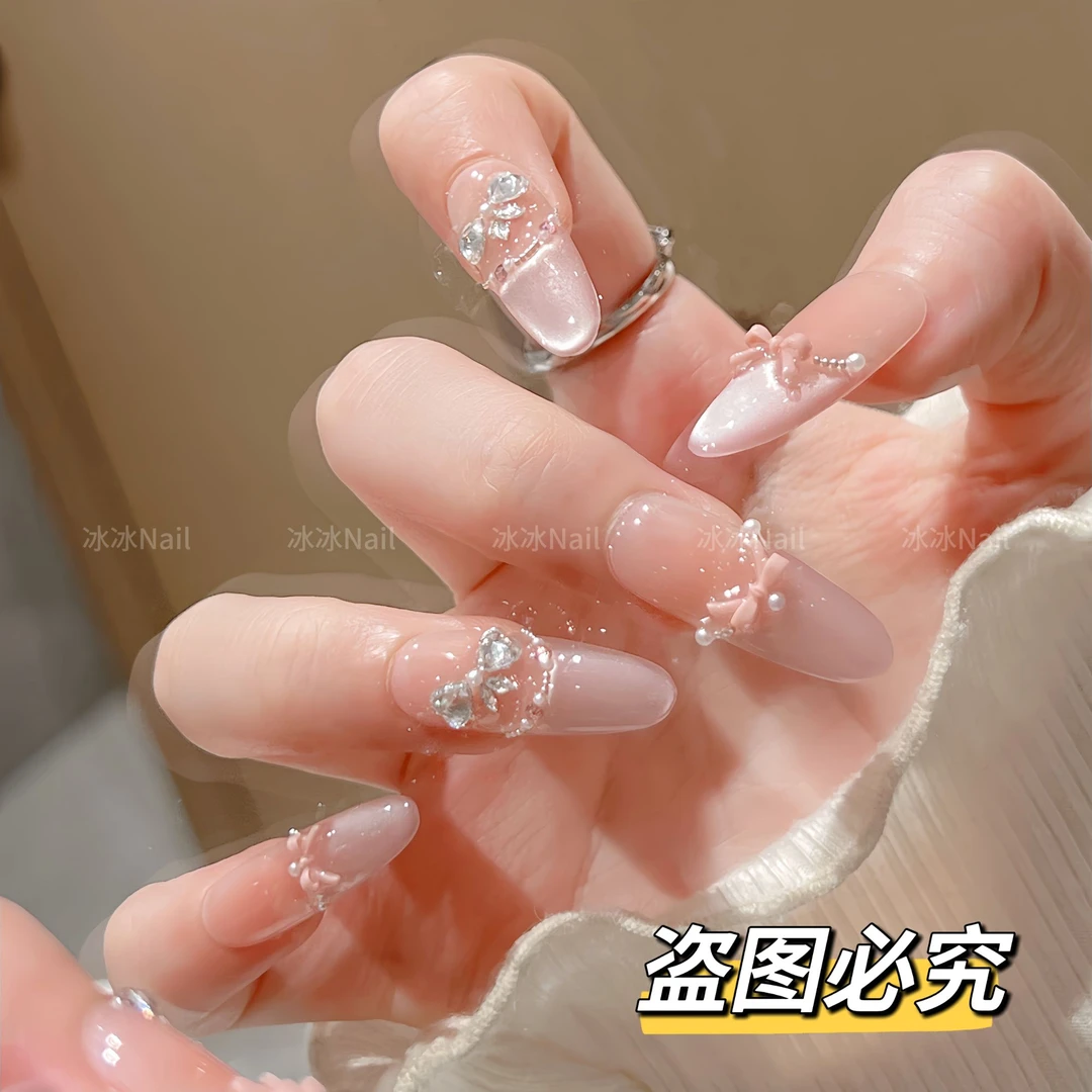 【蝴蝶少女】樱花粉蝴蝶猫眼纯手工穿戴式美甲贴片时尚清新显白