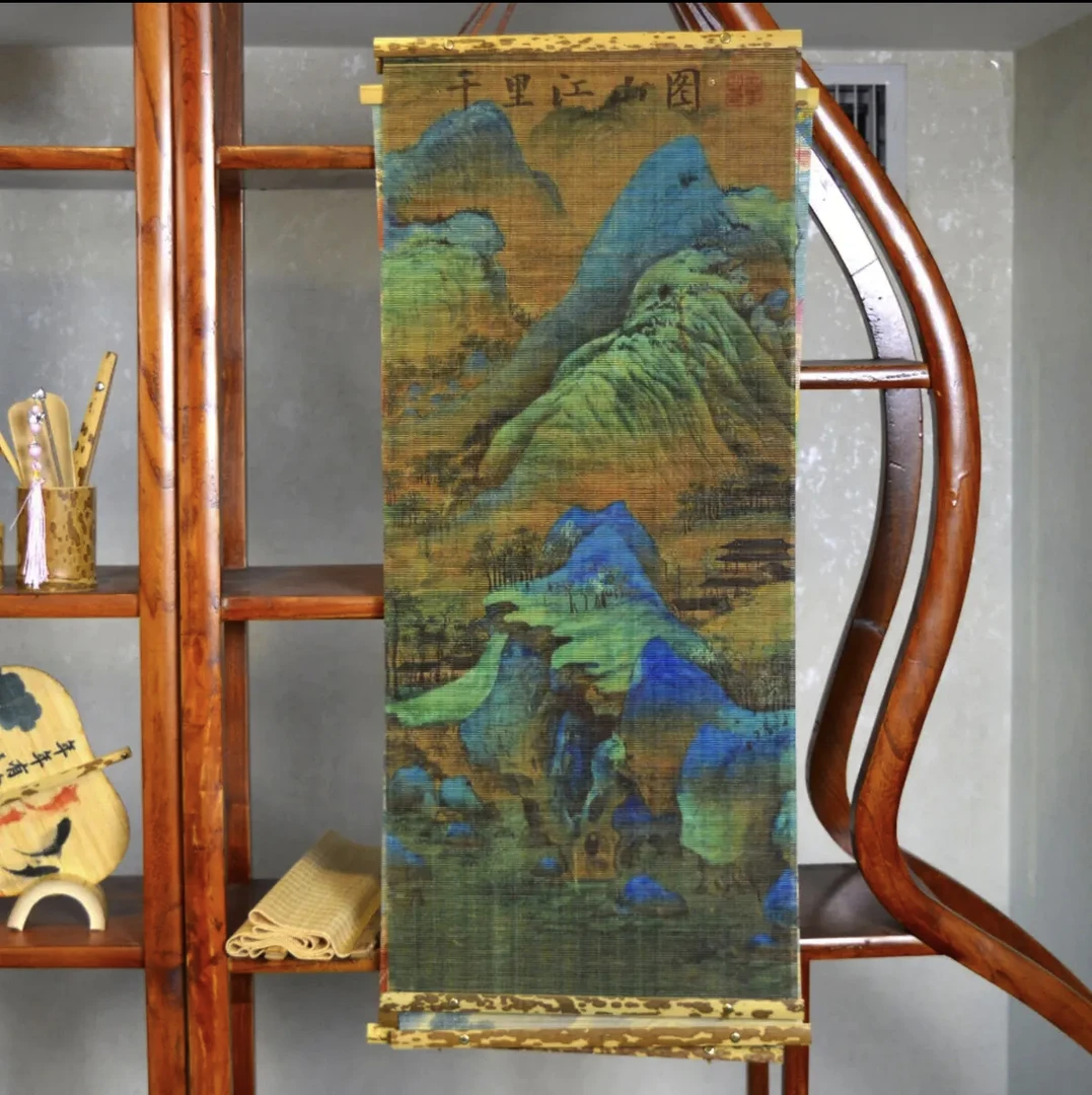 如意山水美人图卷轴竹丝挂画书房客厅玄关装饰（可定制）生日礼物