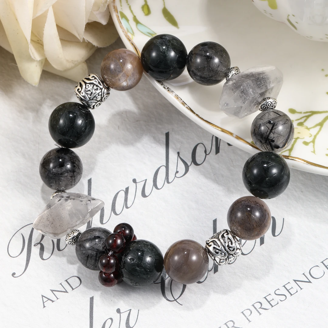 CB3787 黑发金 绿兔毛 绿发晶 黑金骨石榴石闪灵双尖百搭水晶手串