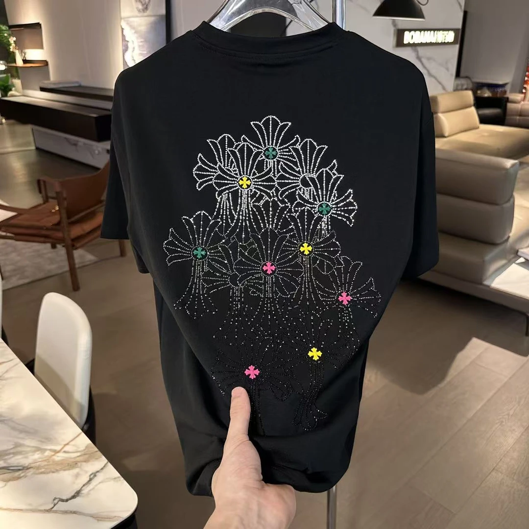 25075潮牌烫钻克罗心男女同款高品质重工短袖潮流百搭设计师时尚