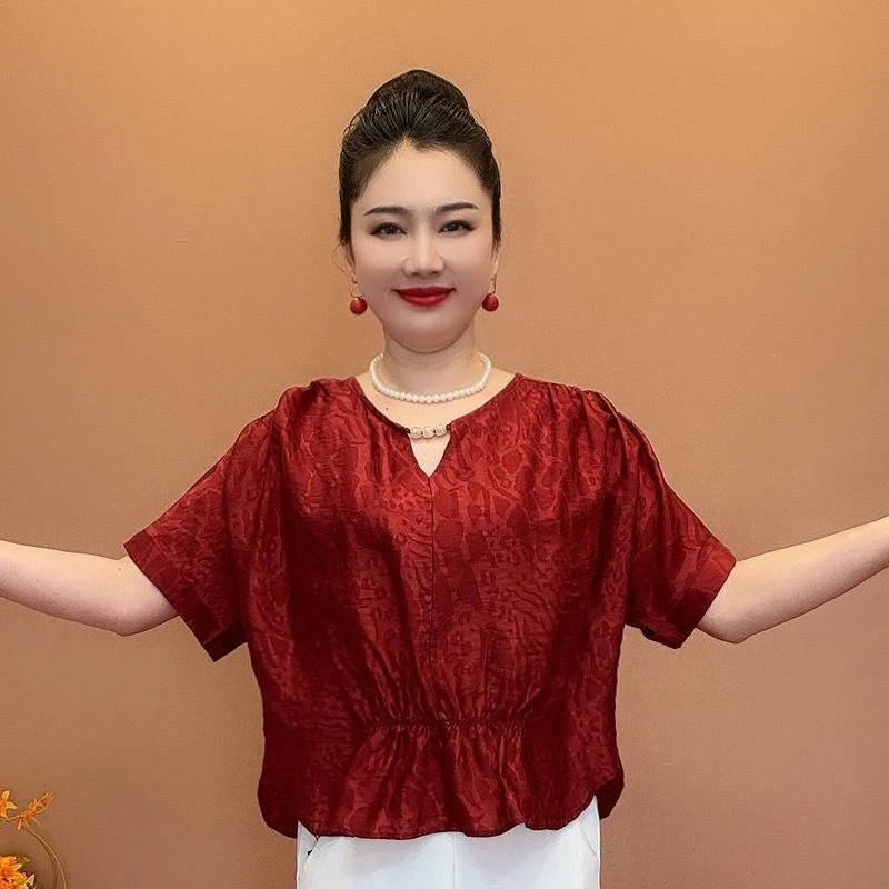 新款2025年夏季收腰T恤上衣女中老年妈装套头衫