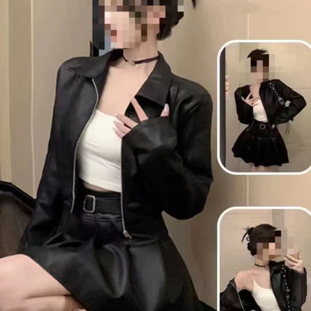 大码黑色短款pu皮衣外套女秋季宽松机车服皮夹克8727（不带腰带）
