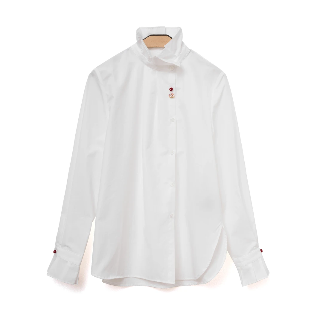 『绮翎Elegany 』萌马衬衫早春新款纯棉荷叶领新中式衬衫