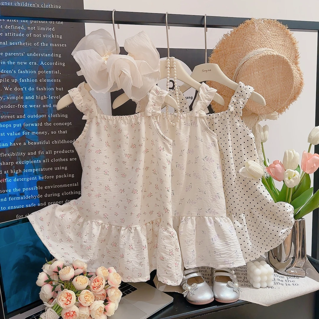 夏季甜美公主风碎花荷叶裙韩版连衣裙套装洋气吊带裙波点女童