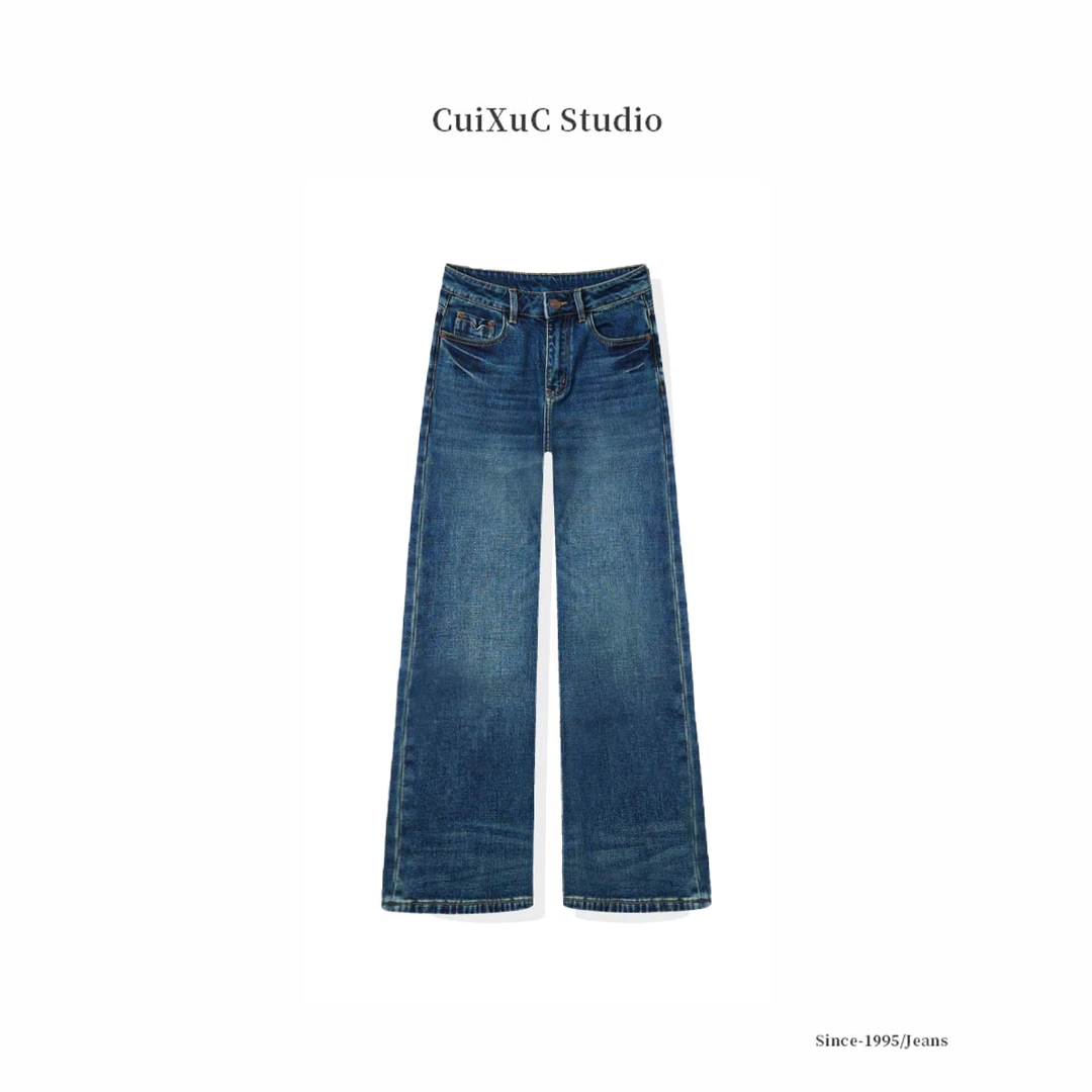 深海之蓝丨早秋水洗极简风牛仔裤-高腰窄版显瘦女装牛仔阔腿裤