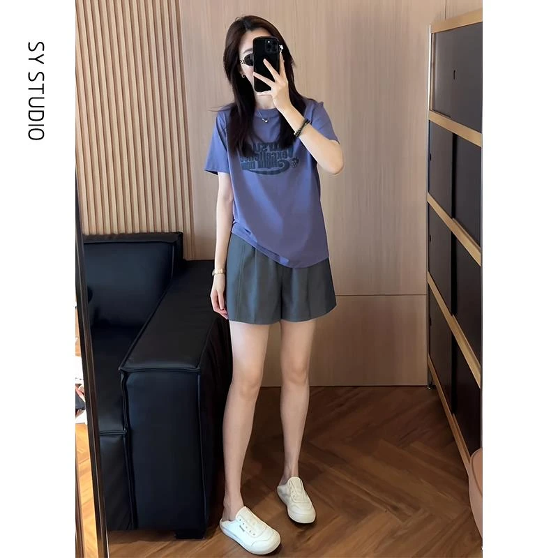 VOCKOO官方大方得体穿搭两件套圆领字母印花短袖t恤女高腰显瘦休