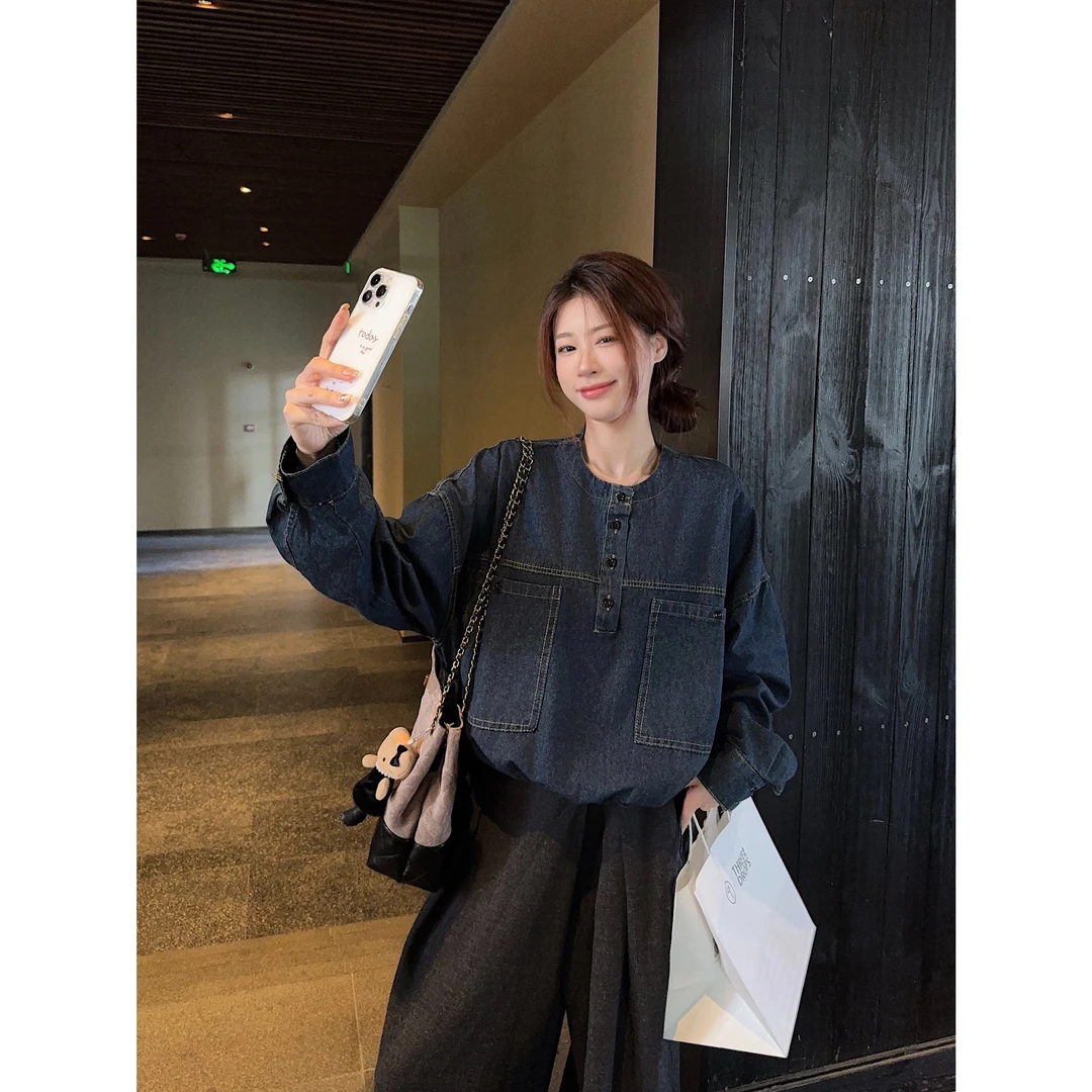 实拍实价 秋季韩系文艺港风纯色拼接口袋衬衫半开扣百搭牛仔衬衣