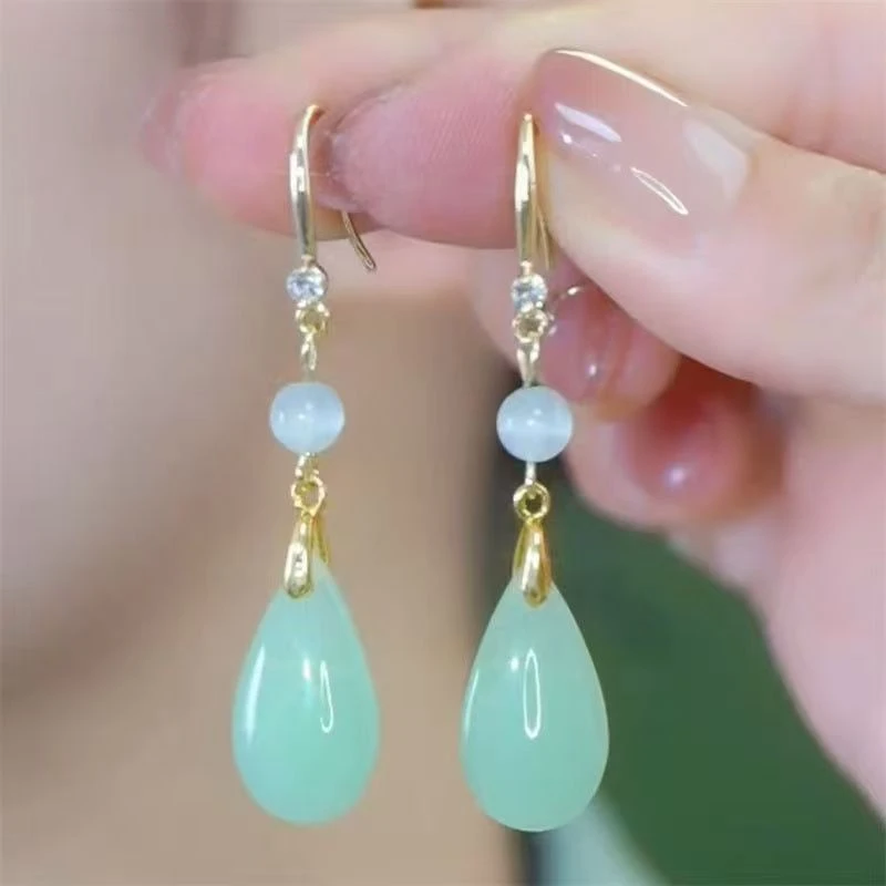 铜合金耳饰 新中式耳环中国风新款玉色水滴耳环简约气质时尚百搭