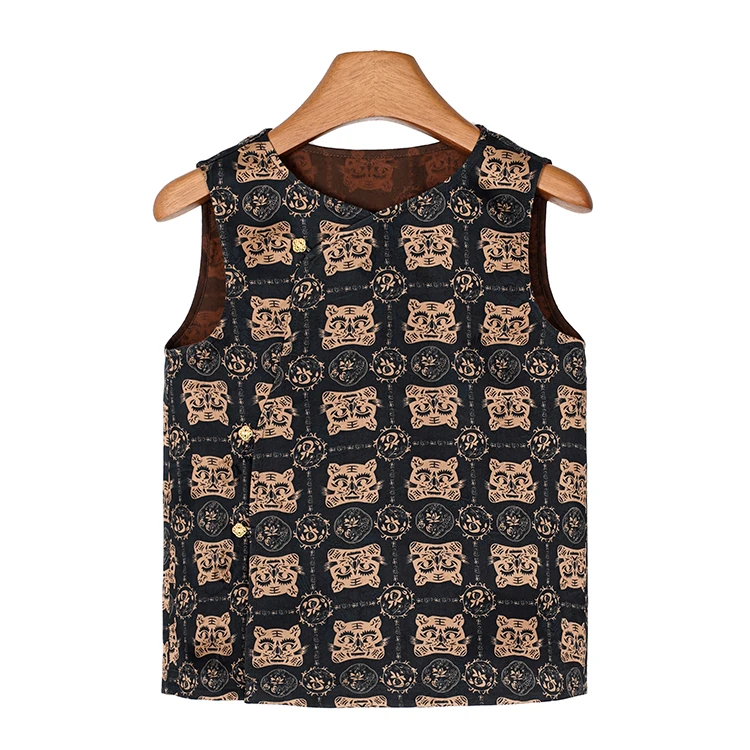 莨宝宝「虎虎生威」B065马甲100%桑蚕丝儿童立领透孔罗红云纱上衣