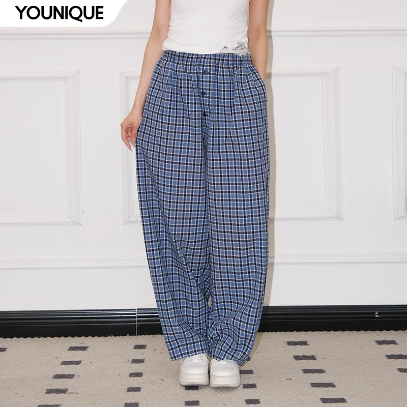 【ECHOADE】新品25春夏蓝格宽松阔腿裤休闲舒适长裤女