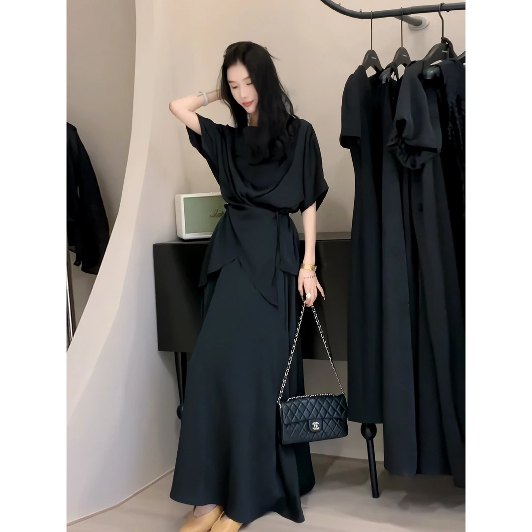 大码女装醋酸缎面时尚套装胖mm不规则系带衬衫高腰半身长裙两件套