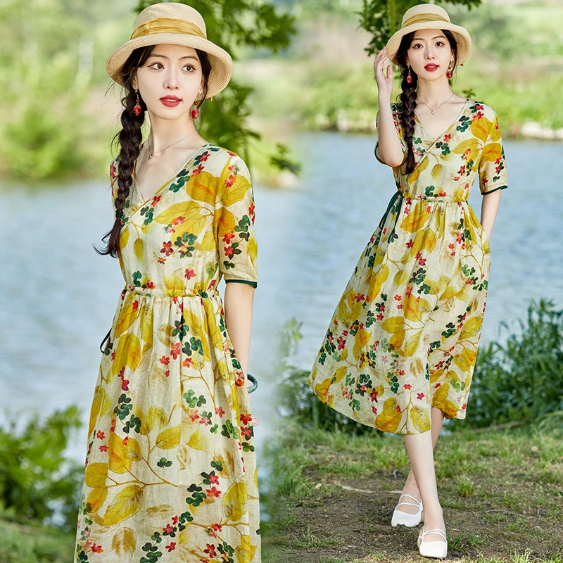 复古印花气质短袖连衣裙女2025夏季新款高级感收腰显瘦中长款裙子