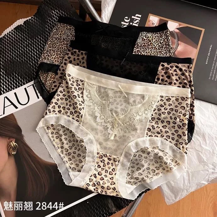 3条装魅丽翘睫毛豹纹纯欲内裤女拼接网纱包臀无痕性感中腰三角裤