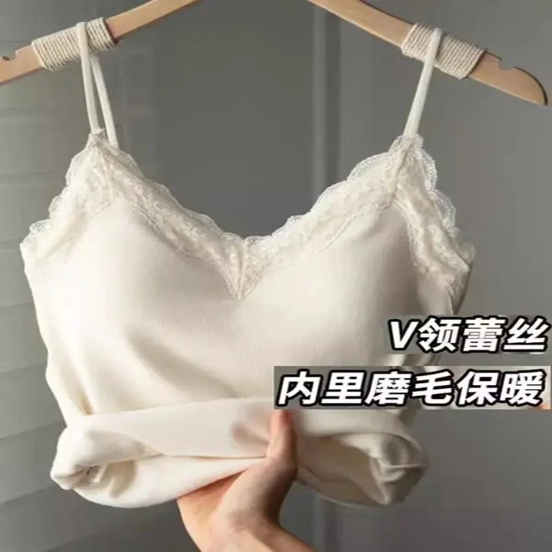 蕾丝保暖内衣吊带背心女冬季加绒加厚内搭带胸垫美一体绒打底上衣