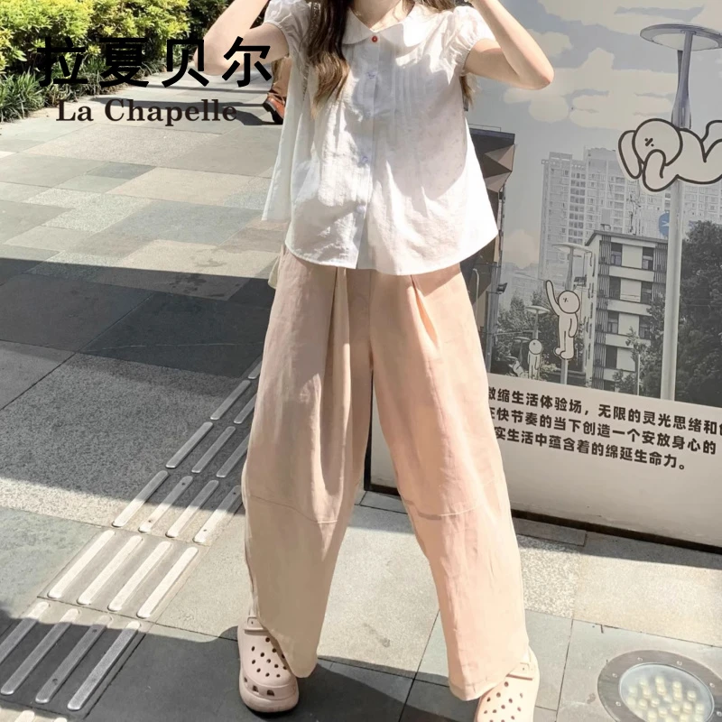 拉夏贝尔白色娃娃领短袖衬衫女夏季新款法式甜美宽松显瘦别致上衣