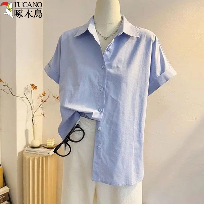 TUCANO/啄木鳥夏季天蓝色休闲衬衫设计感通勤慵懒风百搭短袖上衣