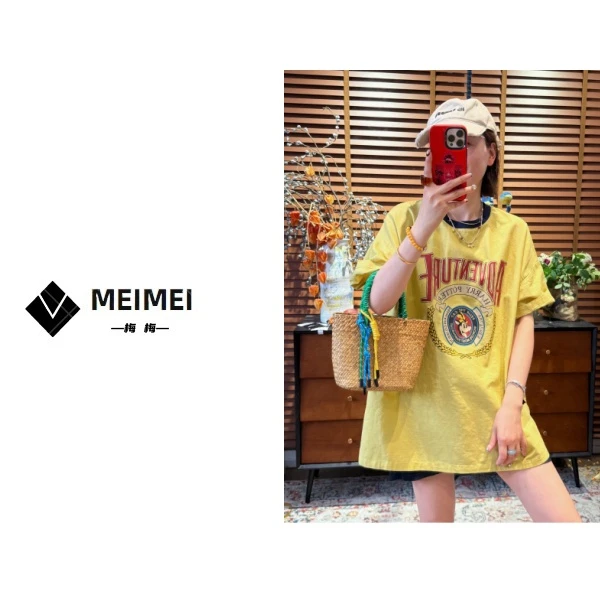 XMM.【英文字母亚麻短袖】显瘦时尚夏季宽松中长款重工休闲衣GZ7038