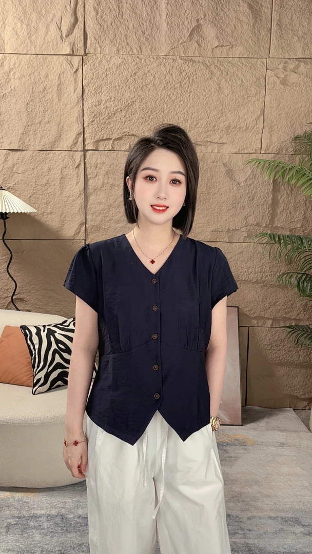 2025新款显瘦V领时尚简约收腰薄款舒适短袖衬衣女上衣
