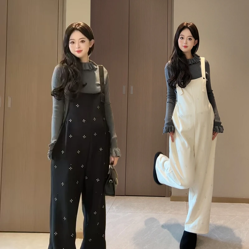 孕妇背带裤2024冬季水钻宽松显瘦孕妇针织上衣前后两穿两件套